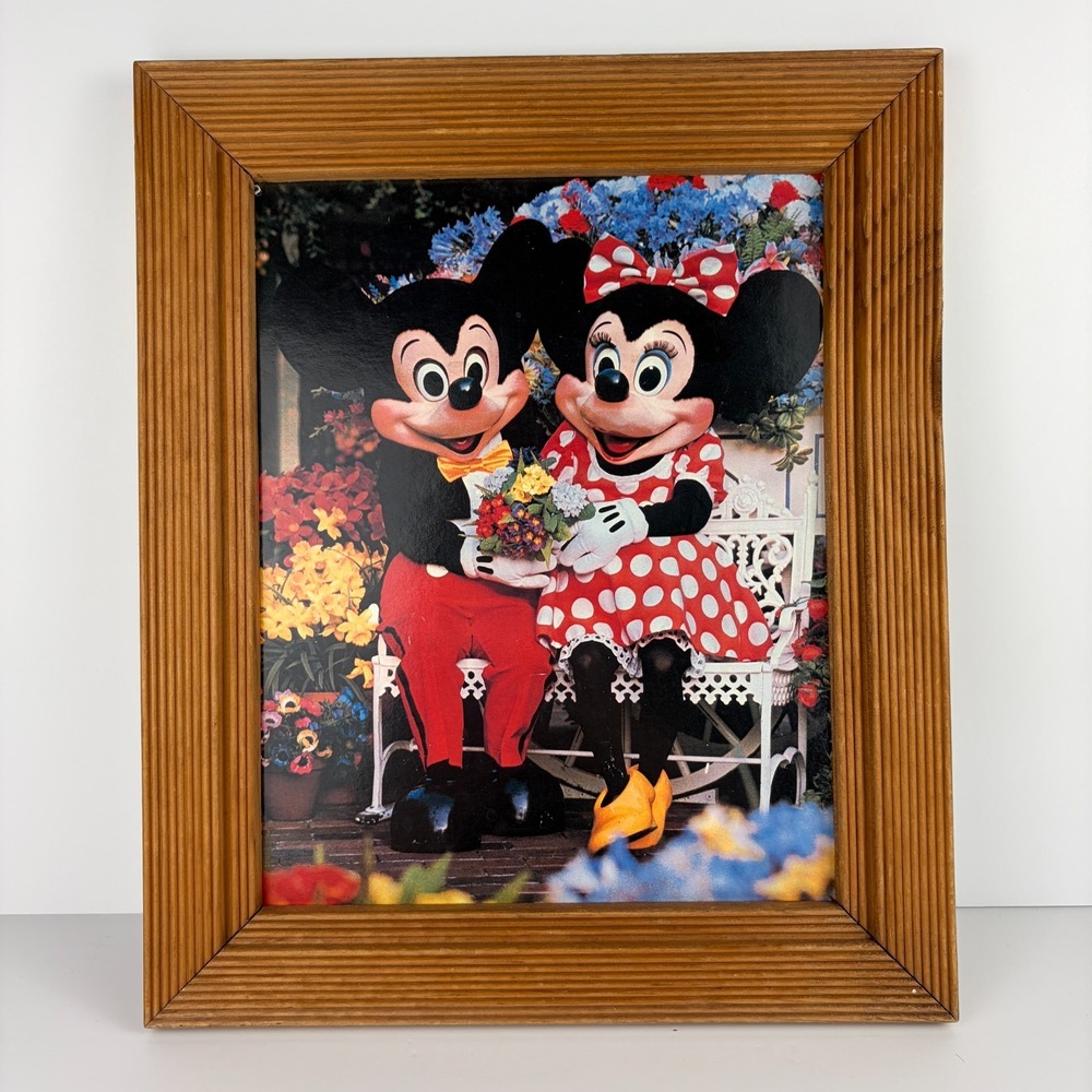 VTG Mickey Mouse & Minnie Mouse Disneyland Disney Photo Wood Frame 80s 90s‎